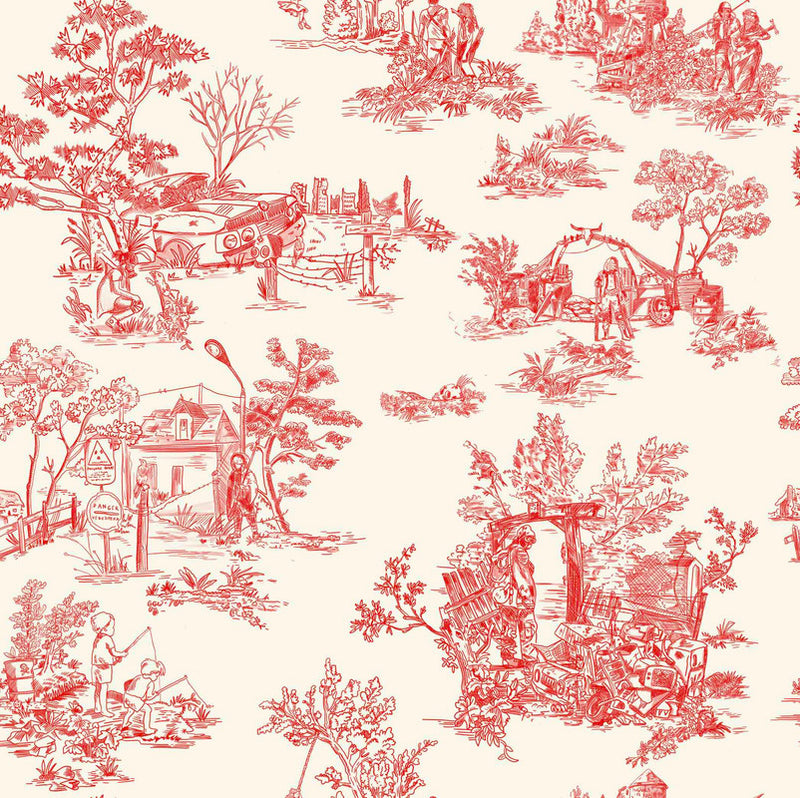 media image for Apocalypse Toile Wallpaper in Swiss Coffee/Red 244