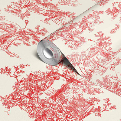 product image for Apocalypse Toile Wallpaper in Swiss Coffee/Red 36