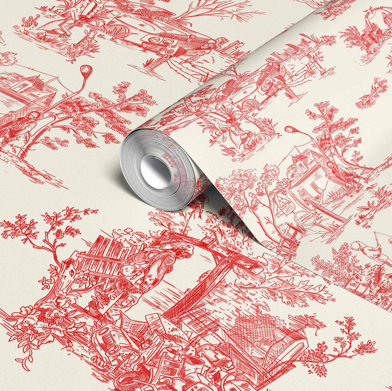 media image for Apocalypse Toile Wallpaper in Swiss Coffee/Red 291