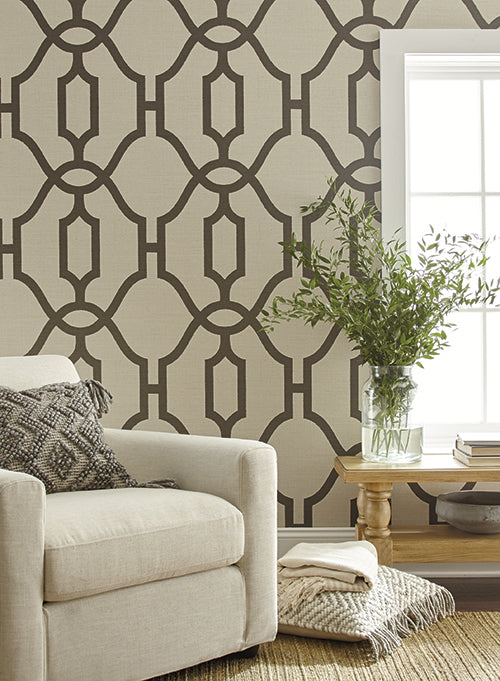 media image for Woven Trellis Wallpaper in Charcoal on Khaki from Magnolia Home Vol. 2 by Joanna Gaines 223