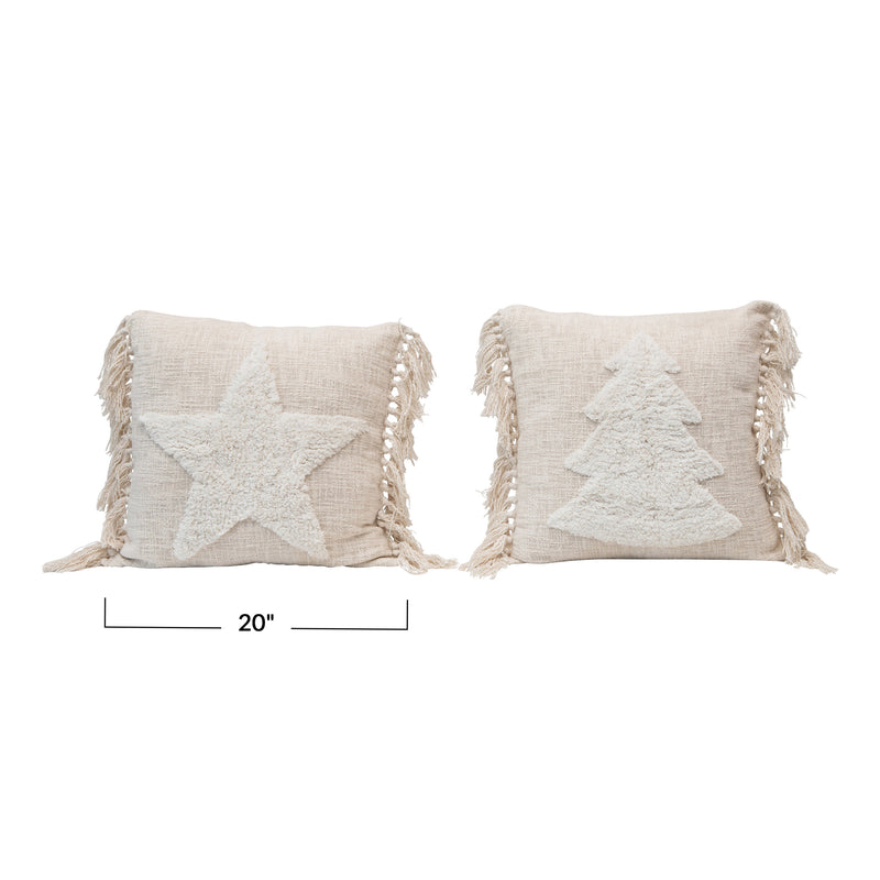 media image for 20 square cotton blend punch hook pillow w tassels cream color 2 styles 2 250