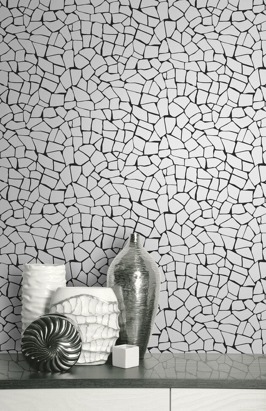 media image for Mosaic Stone Peel & Stick Wallpaper in Black & White 29