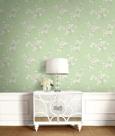 product image for Cherry Blossoms Peel & Stick Wallpaper in Green 73