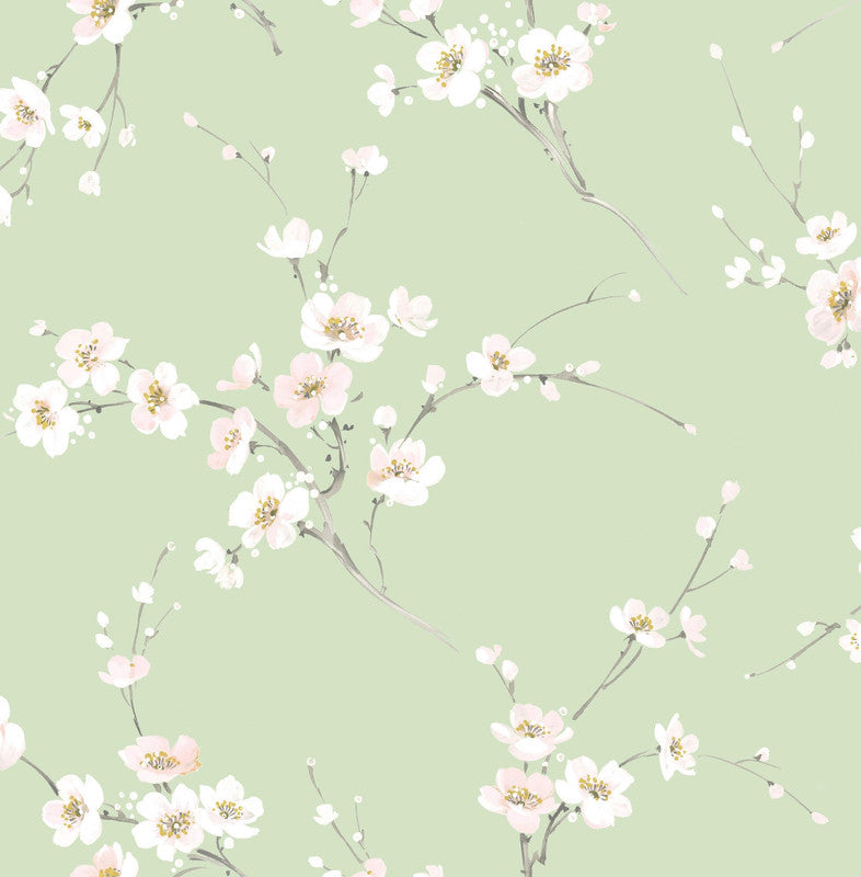 media image for Cherry Blossoms Peel & Stick Wallpaper in Green 224