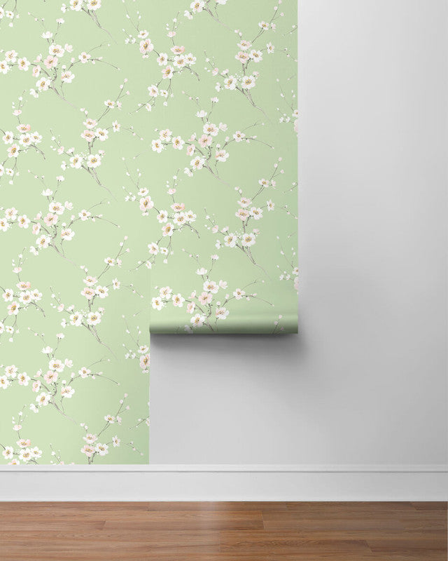 media image for Cherry Blossoms Peel & Stick Wallpaper in Green 268