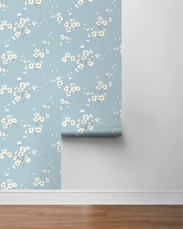 media image for Cherry Blossoms Peel & Stick Wallpaper in Blue 253