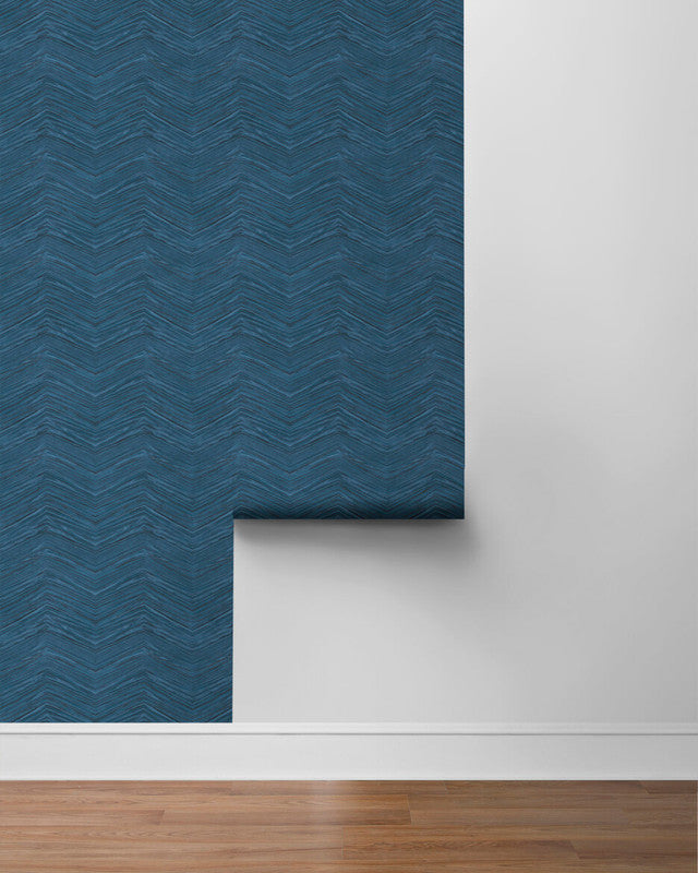 media image for Wood Chevron Peel & Stick Wallpaper in Blue Navy 270