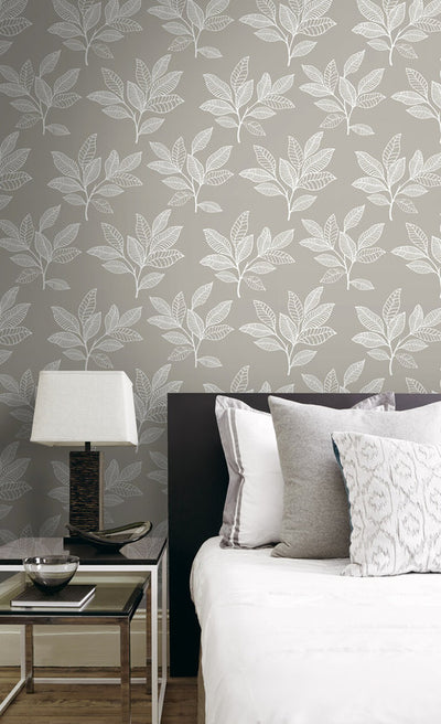 product image for Stylized Leaves Peel & Stick Wallpaper in Grey & White 36