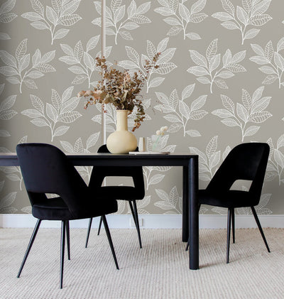 product image for Stylized Leaves Peel & Stick Wallpaper in Grey & White 5