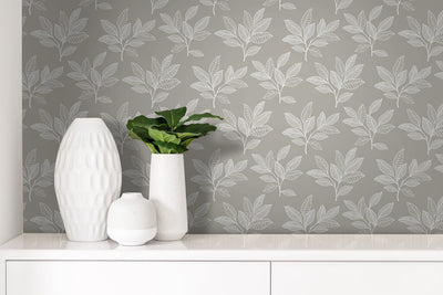 product image for Stylized Leaves Peel & Stick Wallpaper in Grey & White 4