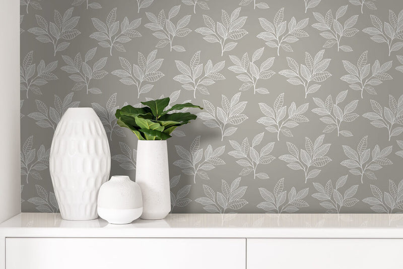 media image for Stylized Leaves Peel & Stick Wallpaper in Grey & White 283