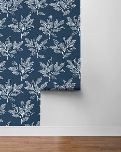 product image for Stylized Leaves Peel & Stick Wallpaper in Blue & White 83