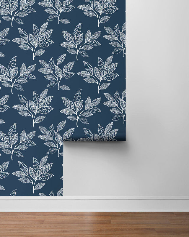 media image for Stylized Leaves Peel & Stick Wallpaper in Blue & White 282