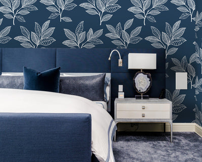 product image for Stylized Leaves Peel & Stick Wallpaper in Blue & White 19