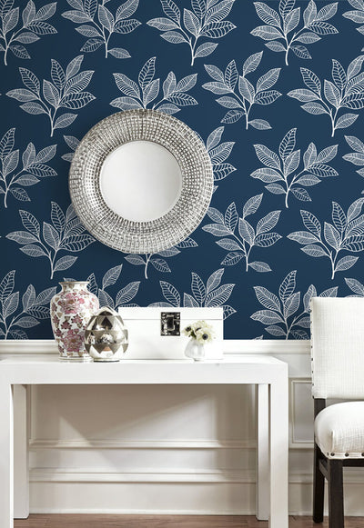 product image for Stylized Leaves Peel & Stick Wallpaper in Blue & White 24