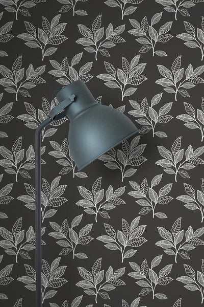 product image for Stylized Leaves Peel & Stick Wallpaper in Dark Grey & White 82