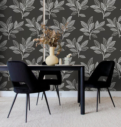 product image for Stylized Leaves Peel & Stick Wallpaper in Dark Grey & White 9