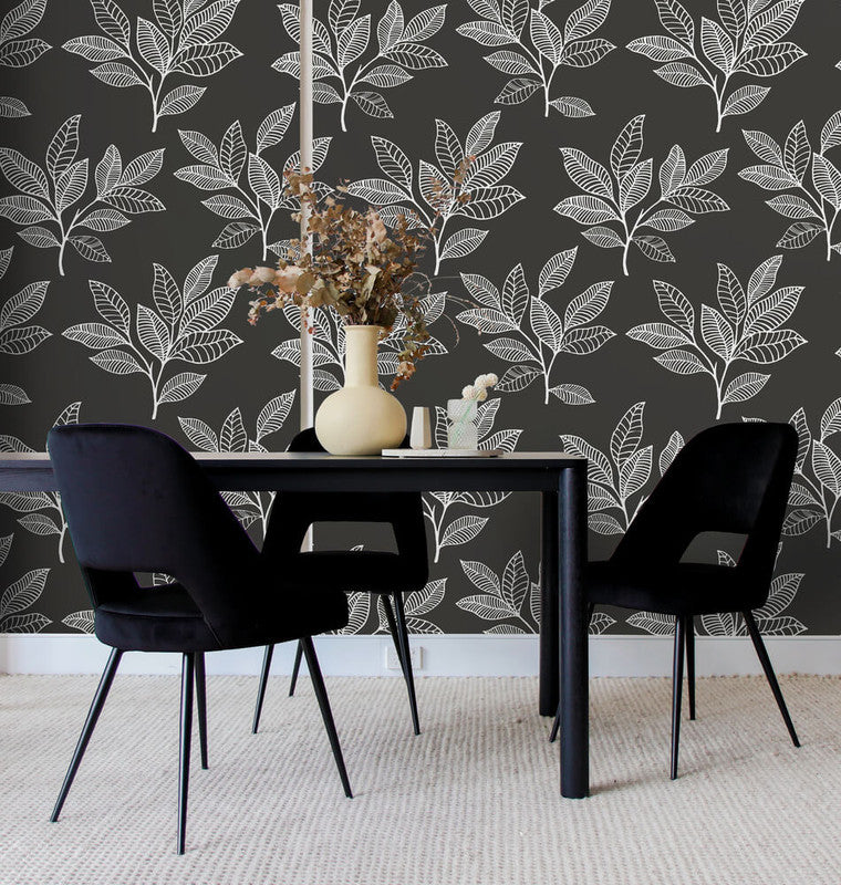 media image for Stylized Leaves Peel & Stick Wallpaper in Dark Grey & White 231