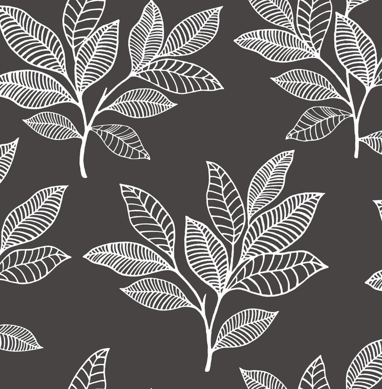 media image for Stylized Leaves Peel & Stick Wallpaper in Dark Grey & White 268