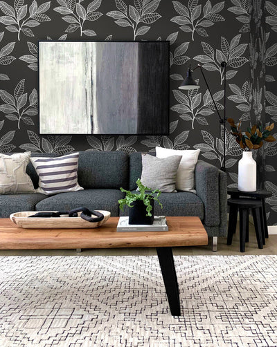 product image for Stylized Leaves Peel & Stick Wallpaper in Dark Grey & White 30