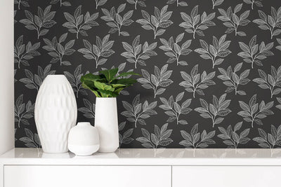 product image for Stylized Leaves Peel & Stick Wallpaper in Dark Grey & White 60