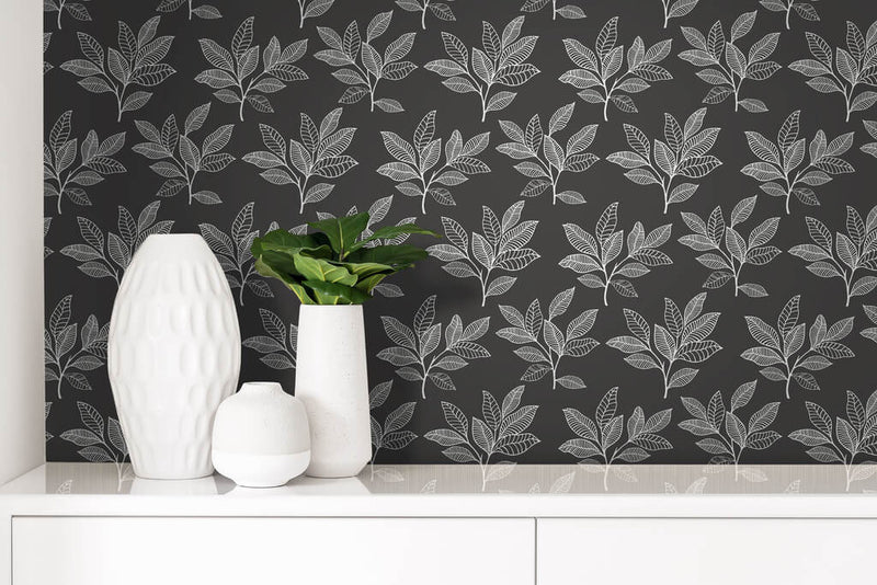 media image for Stylized Leaves Peel & Stick Wallpaper in Dark Grey & White 256