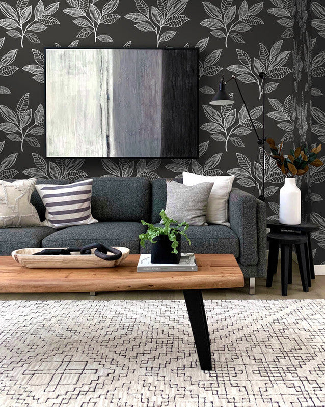 media image for Stylized Leaves Peel & Stick Wallpaper in Dark Grey & White 215