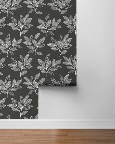 product image for Stylized Leaves Peel & Stick Wallpaper in Dark Grey & White 82