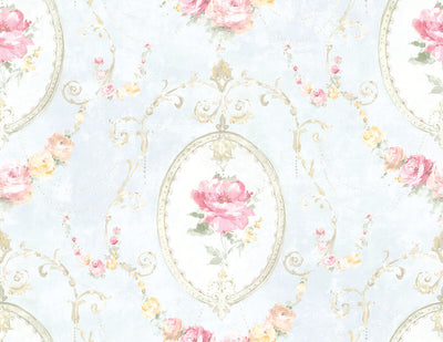 product image of Medallion Flower Wallpaper in Light Blue & Rose 510