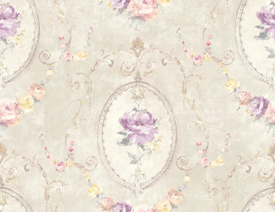 product image of Medallion Flower Wallpaper in Beige & Purple 524