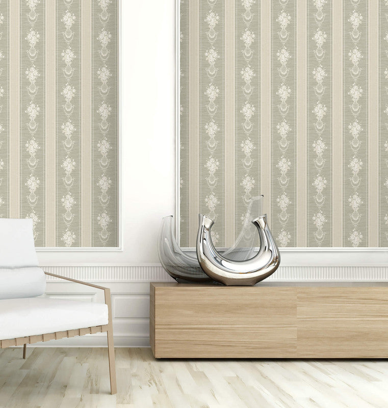 media image for Floral Cameo Stripe Wallpaper in Grey 213