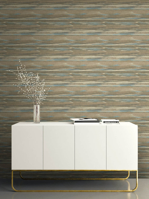 media image for Faux Grasscloth Waves Wallpaper in Brown & Blue 21