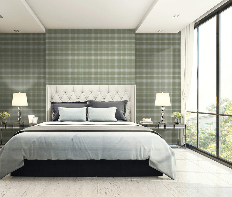 media image for Tartan Wallpaper in Green & Off-White 215