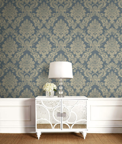 product image for Textile Damask Wallpaper in Blue & Gold 82