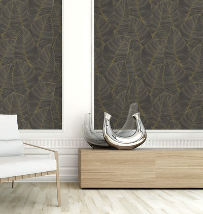 product image for Metallic Leaf Wallpaper in Black & Gold 58