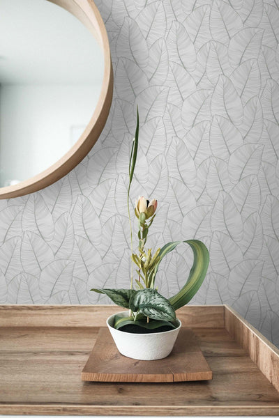 product image for Metallic Leaf Wallpaper in Grey & White 52