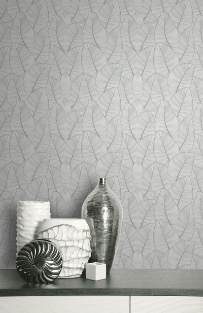 product image for Metallic Leaf Wallpaper in Grey & White 61