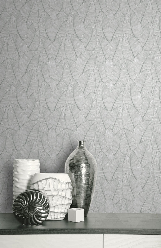 media image for Metallic Leaf Wallpaper in Grey & White 285