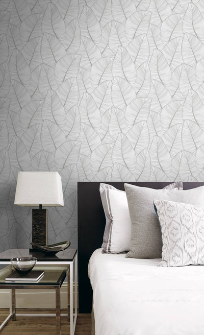 product image for Metallic Leaf Wallpaper in Grey & White 4